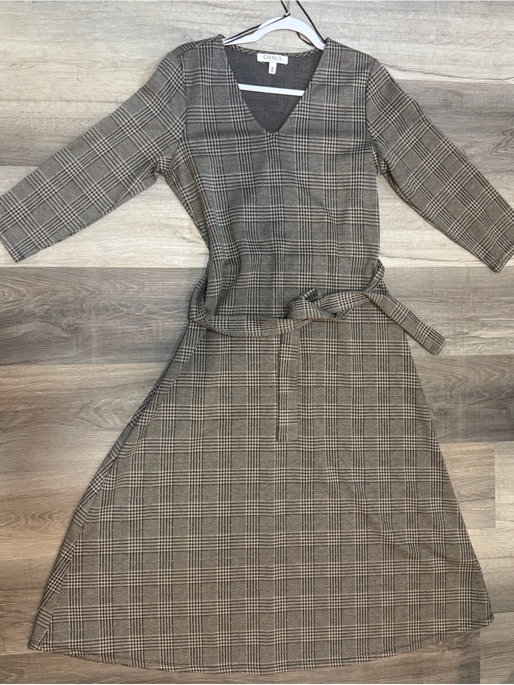 Chaus Plaid V-Neck Belted Midi Dress in Taupe and Black